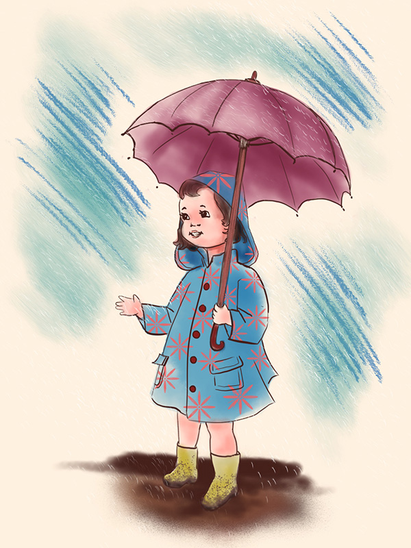 Concept art of a young girl holding an umbrella in the rain